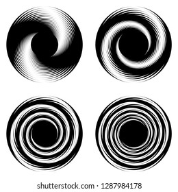 Set of design monochrome spiral movement illusion icons. Abstract design elements. Vector-art illustration