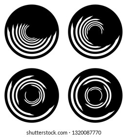 Set of design monochrome spiral movement illusion icons. Abstract design elements. Vector-art illustration