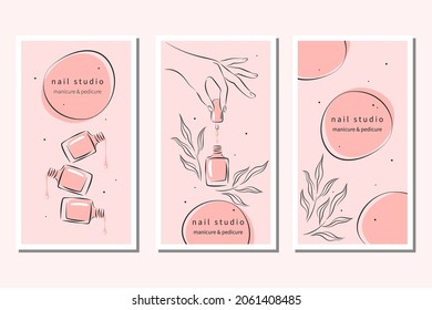 Set of design for nail studio for social media posts and stories, mobile apps. Nail polish, nail brush, manicured female hands. Vector illustrations