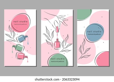 Set of design for nail studio for social media posts and stories, mobile apps. Nail polish, nail brush, manicured female hands. Vector illustrations