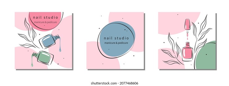 Set of design for nail studio for social media posts and stories, mobile apps. Nail polish, nail brush. Vector illustrations