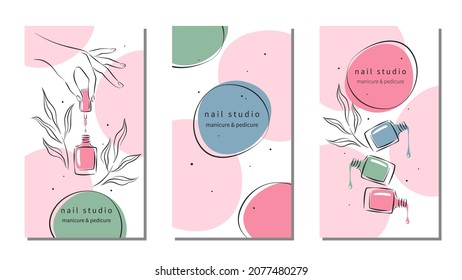 Set of design for nail studio for social media posts and stories, mobile apps. Nail polish, nail brush, manicured female hands. Vector illustrations