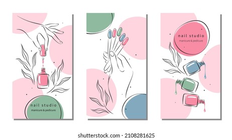 Set of design for nail studio for social media posts and stories, mobile apps. Nail polish, nail brush, manicured female hands. Vector illustrations