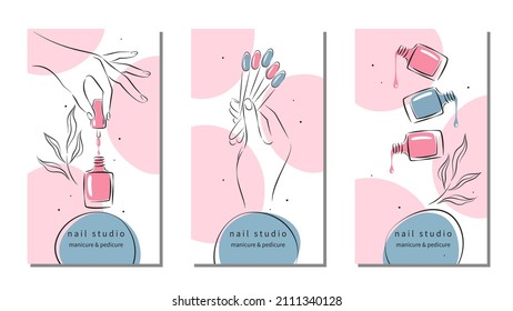 Set of design for nail studio for social media posts and stories, mobile apps. Nail polish, nail brush, manicured female hands. Vector illustrations