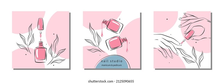 Set of design for nail studio for social media posts and stories, mobile apps. Nail polish, nail brush, manicured female hands. Vector illustrations