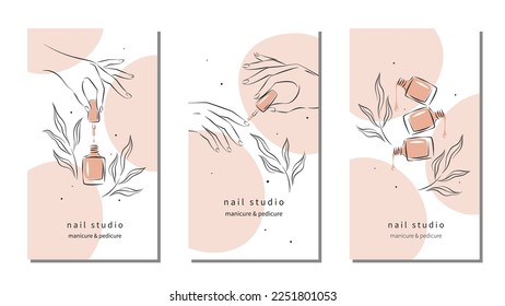 Set of design for nail studio for social media posts and stories, mobile apps. Nail polish, nail brush, manicured female hands. Vector illustrations