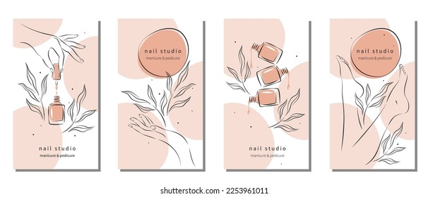 Conjunto de diseño para estudio de uñas para publicaciones en medios sociales e historias, aplicaciones móviles. Esmalte de uñas, pincel de uñas, manos y piernas femeninas manicuradas. Ilustraciones vectoriales