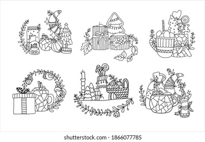 Set design for New Year and Christmas coloring pages for adults and children. Vector illustration.