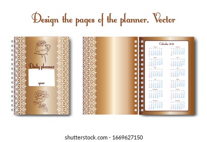 Set design of a notebook or diary page for use by a woman or a girl. With flower pattern, outline pattern, doodling. Glider for business and personal life. Daily planner, designer