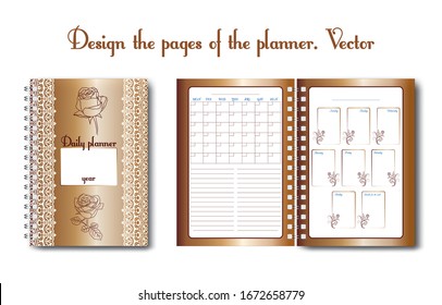 Set design of a notebook or diary page for use by a woman or a girl. With flower pattern, outline pattern, doodling. Glider for business and personal life. Daily planner, designer