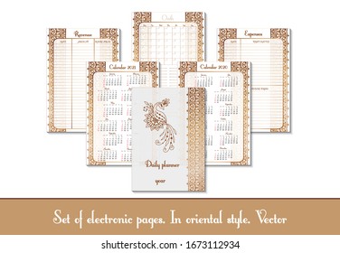 Set design of a notebook or diary page for use by a woman or a girl. With flower pattern, outline pattern, doodling. Glider for business and personal life. Daily planner, designer