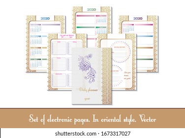 Set design of a notebook or diary page for use by a woman or a girl. With flower pattern, outline pattern, doodling. Glider for business and personal life. Daily planner, designer