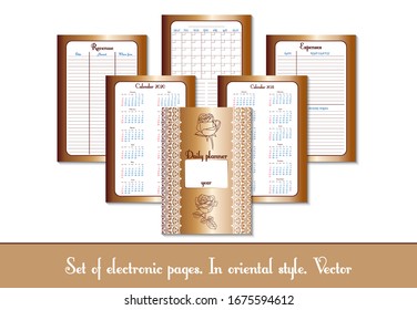 Set design of a notebook or diary page for use by a woman or a girl. With flower pattern, outline pattern, doodling. Glider for business and personal life. Daily planner, designer