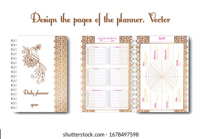 Set design of a notebook or diary page for use by a woman or a girl. With flower pattern, outline pattern, doodling. Glider for business and personal life. Daily planner, designer