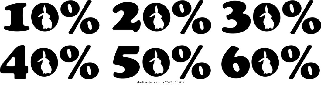 set of design numbers for Easter discounts with shadow of rabbit sitting instead of zero, for various posters or banners	