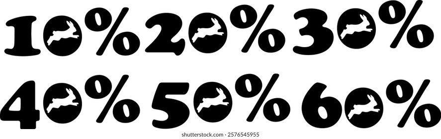 set of design numbers for Easter discounts with the shadow of a rabbit jumping instead of zero, for various posters or banners