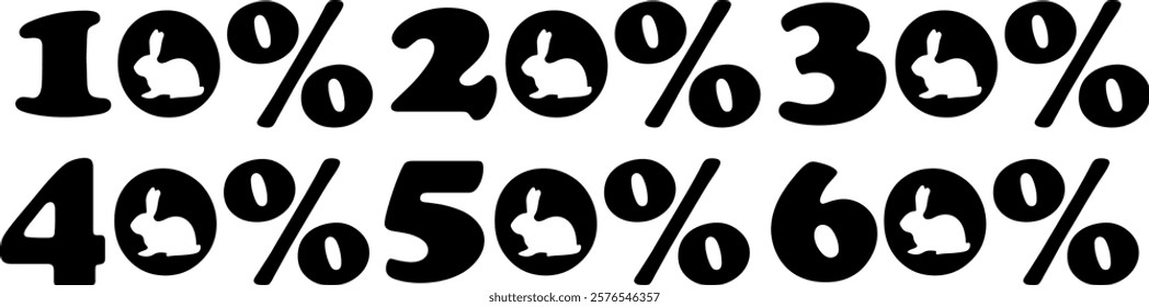 set of design numbers for Easter discounts with shadow of a rabbit sitting facing right instead of zero, for various posters or banners