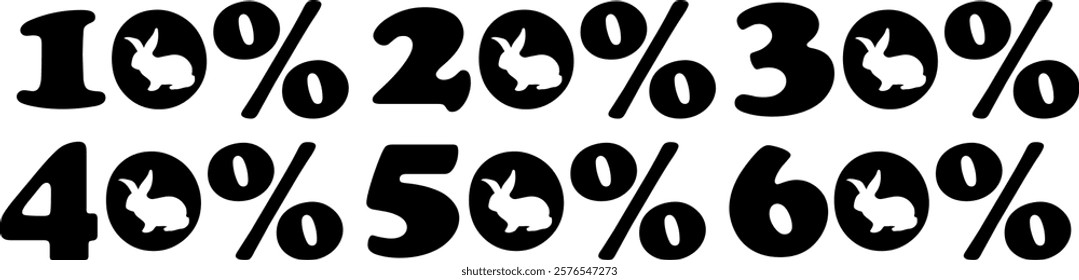 set of design numbers for Easter discounts with the shadow of a rabbit sitting with big ears instead of zero, for various posters or banners