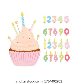 Design auf einem Geburtstagsthema. Festlicher Kuchen. Feste Kerzen in Form von Zahlen. Einzeln auf weißem Hintergrund. Vektorgrafik.