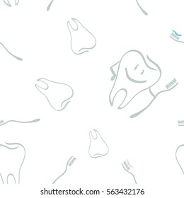 set for design on the dentist, tooth and smiling tooth with a toothbrush, seamless texture, pattern, vector image