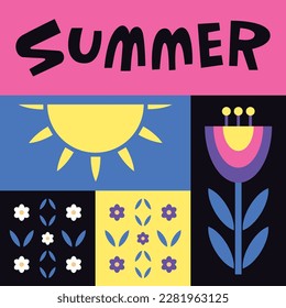 Set for design on summer themes in retro style. Abstract composition with flowers. Handwritten text. Banner with summer lettering. Bright contrast illustration with stylized plants.