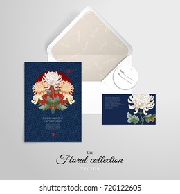 Set for design. Pattern with branches of chrysanthemum flowers. Japanese style.