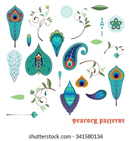 Set for design with peacock feathers, branches, leaves, flowers and decorative elements. 