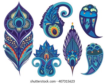 Set for design with peacock feathers, branches, leaves, flowers and decorative elements