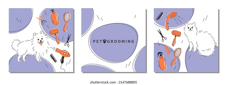 Conjunto de diseños para el salón de cuidados para mascotas. Pet grooming. Caricatura de perro y gato con diferentes herramientas para el cuidado del cabello animal. Ilustración del vector