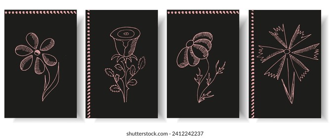 Set design postcard and card cover with Hand Drawn Summer Flowers. Collection notepad template cover with Chalk floral art. Vector illustration. EPS 10