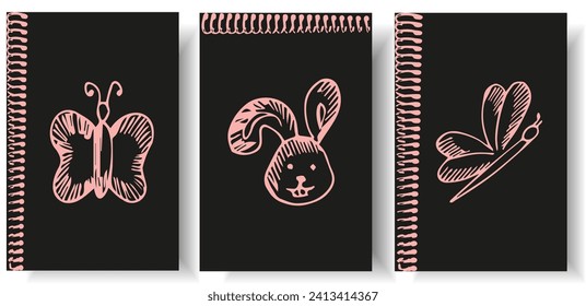 Set design for postcard and card cover with Flowers. Template Notebook cover with spiral. Collection Vector illustration can used web and social media background with Grunge paper sheet