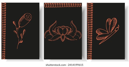 Set design for postcard and card cover with Flowers. Template Notebook cover with spiral. Collection Vector illustration can used web and social media background with Grunge paper sheet
