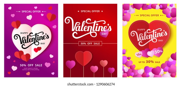 Set Design Poster with lettering Happy Valentine's Day. Up to 30% sale. Paper heart on a bright background with small pink hearts. Vector illustration.