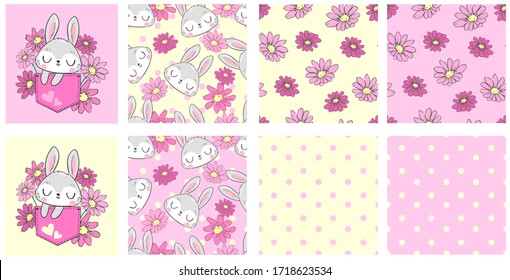 Set of design prints with hand drawn cute rabbits and flowers for children's fashion, fabric, backgrounds, banner, print on t-shirts. Vector illustration. Seamless pattern with camomiles, polcadot.
