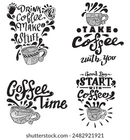 set of design Quotes doodle of Coffee, sketch vector 