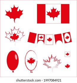 Set of design red and white elements: maple leaf, balloons, flag, pennants to celebrate the national day of Canada. Stock vector illustration.
