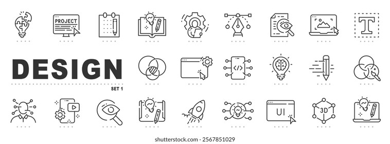 Set of design related line icons. Graphic, creative, drawing, sketch etc. Editable stroke.