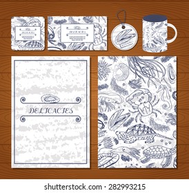 Set design for restaurant or cafe seafood menu, business card, label, mug and Bierdeckel. Vector illustration