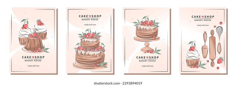 Set of design sample flyers for pastry and bread shop, cooking, dessert, sweet products. Cake shop, bakery house. Vector illustration for poster A4, banner, menu, advertising.