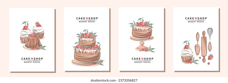 Set of design sample flyers for pastry and bread shop, cooking, dessert, sweet products. Cake shop, bakery house. Vector illustration for poster A4, banner, menu, advertising.