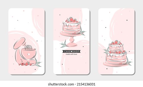 Set of design sample for pastry and bread shop. Cake shop logo. Planetary stationary dough mixer, cakes and berries. Vector illustration