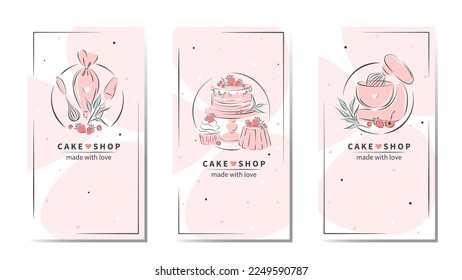 Muestra de diseño para pastelería y panadería. Logo de la tienda de pasteles. Mezclador de masa estacionaria planetaria, pasteles y bayas. Ilustración del vector