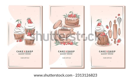 Set of design sample for pastry and bread shop. Cake shop logo. Planetary stationary dough mixer, cakes and berries. Vector illustration