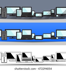 Set of Design seamless header on electronic devices. Headline banner template. Vector illustration.