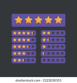 Set of design star rating elements. Set of star shapes for ranking interface. Vote symbols from zero to five points. Vector illustration in a flat style.