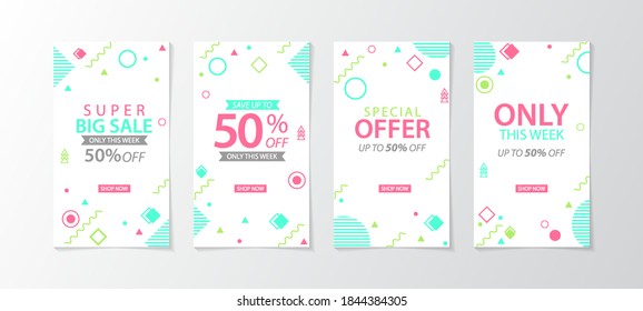 Set of design story templates for social media. labels, coupon, background templates with colorful memphis design