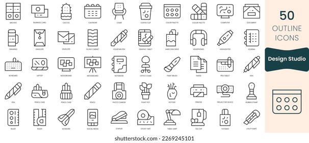 Conjunto de iconos de estudio de diseño. Iconos de estilo lineal delgado Empaquetar. Ilustración vectorial