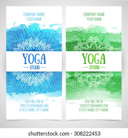 Set design template brochures, cards, invitations, flyers for a yoga studio with watercolor texture and mandala. Vector. Place for your text.