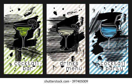 Set of design template for cocktail bar business cards, promotional flyers, invitations or banners. Grunge style. EPS8 vector.