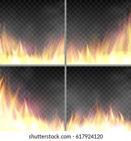 Set of design template with flame. Fiery design banners templates. Realistic blaze effect. Vector illustration with fire isolated on dark transparent background
